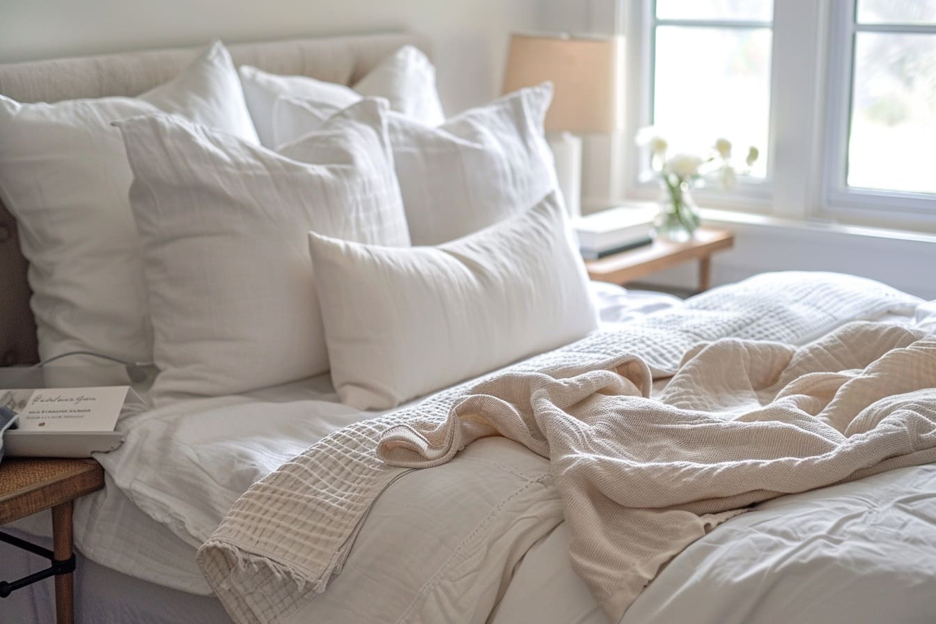 A neatly made bed with white pillows and blankets, a beige throw, and a bedside table holding a lamp, books, and a vase with flowers near a sunlit window.