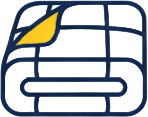 A stylized blue outline of a pad of paper with a yellow page corner folded down.