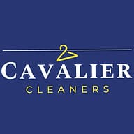 Cavalier Cleaners logo with a yellow hanger icon above the word "Cavalier" and "Cleaners" written below in yellow, on a blue background.