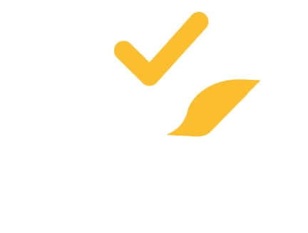 A yellow check mark above a yellow leaf-shaped figure on a white background.