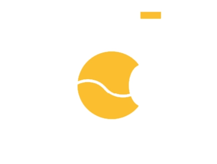 A yellow tennis ball with a curved white line and a bite-like section missing on its right side; a small yellow rectangle appears above the ball.