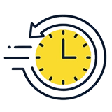 A yellow clock face with black hands and hour marks, surrounded by a blue circular arrow indicating movement or time passing.