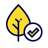 Yellow leaf icon with a blue outline next to a blue circle containing a yellow checkmark.