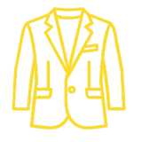 Yellow outlined drawing of a suit jacket with lapels and front pockets on a white background.