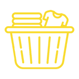 Yellow line drawing of a shopping basket containing groceries, including a loaf of bread and an apple.