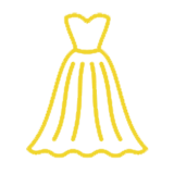 Yellow outline of a formal dress with a flared skirt and heart-shaped neckline on a transparent background.