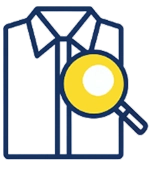 Outline of a collared shirt with a necktie, overlaid by a yellow magnifying glass, symbolizing inspection or scrutiny of clothing.