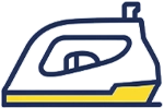 Simple illustration of a clothes iron with a blue outline and yellow base, viewed from the side.