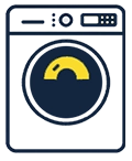 Icon of a front-loading washing machine with a circular door and a partial yellow shape inside, representing laundry.