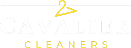 Logo for Cavalier Cleaners featuring a yellow hanger above the word 