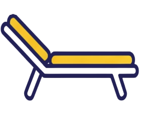 Simple illustration of a lounge chair with a yellow cushion and a dark blue frame, shown in a side view.