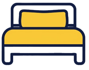 Simple illustration of a bed with a yellow mattress and pillow, outlined in blue, shown from the front.