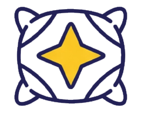 A yellow four-pointed star is centered within a blue geometric border featuring symmetrical knot-like patterns on a white background.