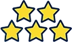 Five yellow stars with blue outlines are arranged in two rows, three on top and two on the bottom, representing a five-star rating.