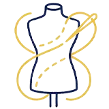 Outline of a dress form mannequin with a yellow thread looping around it and through a needle.