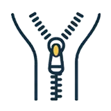 Illustration of a partially opened zipper with a yellow pull tab, showing the interlocking teeth and two separated sides.