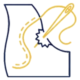 Illustration of a needle and thread stitching along a curved line on a piece of fabric, representing sewing or tailoring.