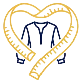 A blue shirt icon is centered within a yellow measuring tape shaped like a heart.