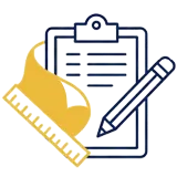 Icon of a clipboard with paper, a pencil, and a yellow ruler overlapping on top.