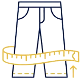 Icon of pants with a yellow measuring tape wrapped around them, indicating measurement or sizing.