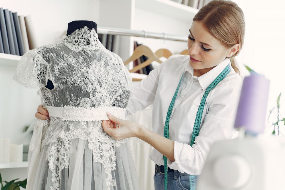 A person adjusts the waistband on a lace wedding dress displayed on a mannequin, with sewing tools and fabrics visible in the background.
