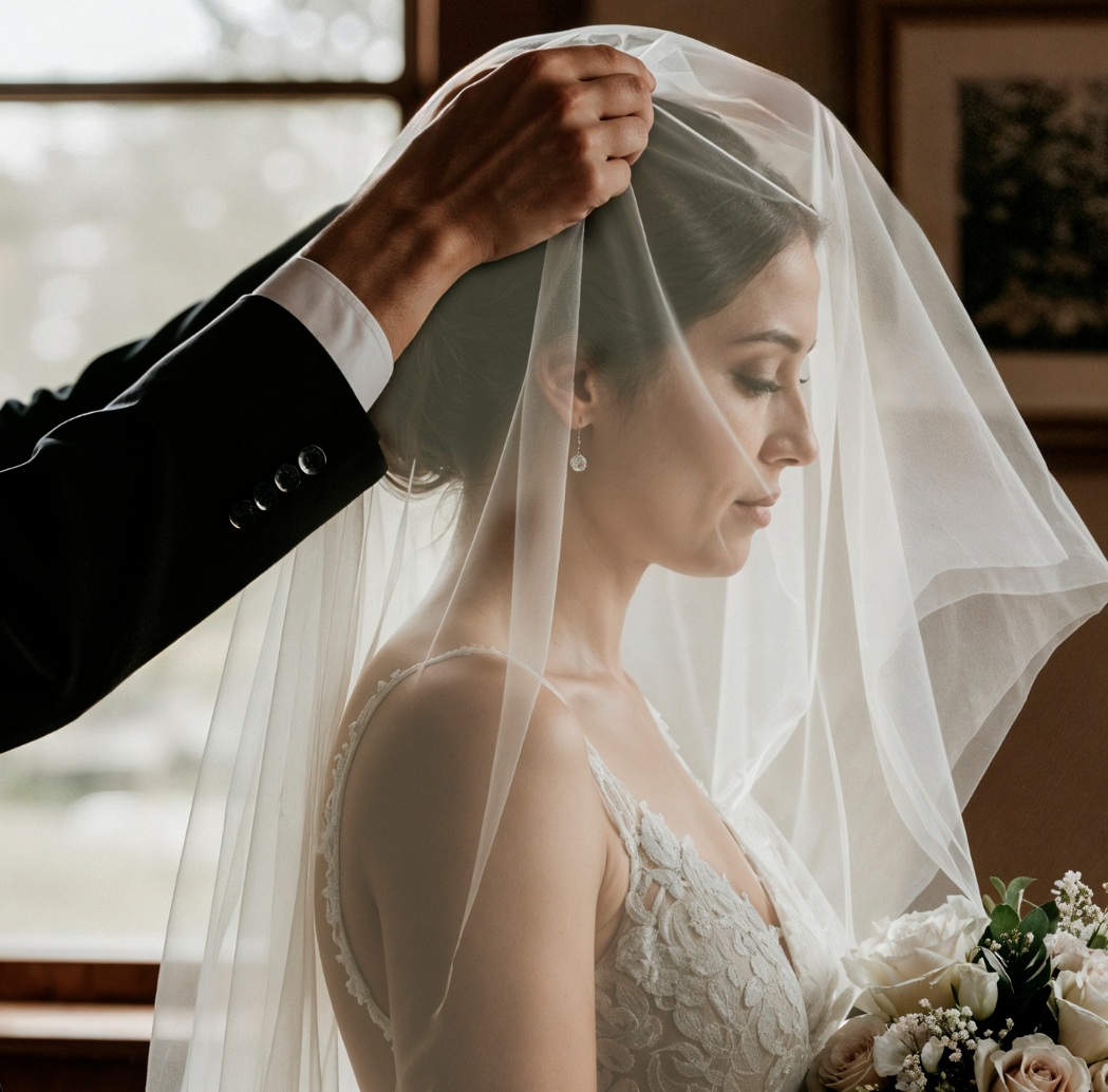 A person lifts a sheer veil over a bride's head as she holds a bouquet, standing indoors near a window.