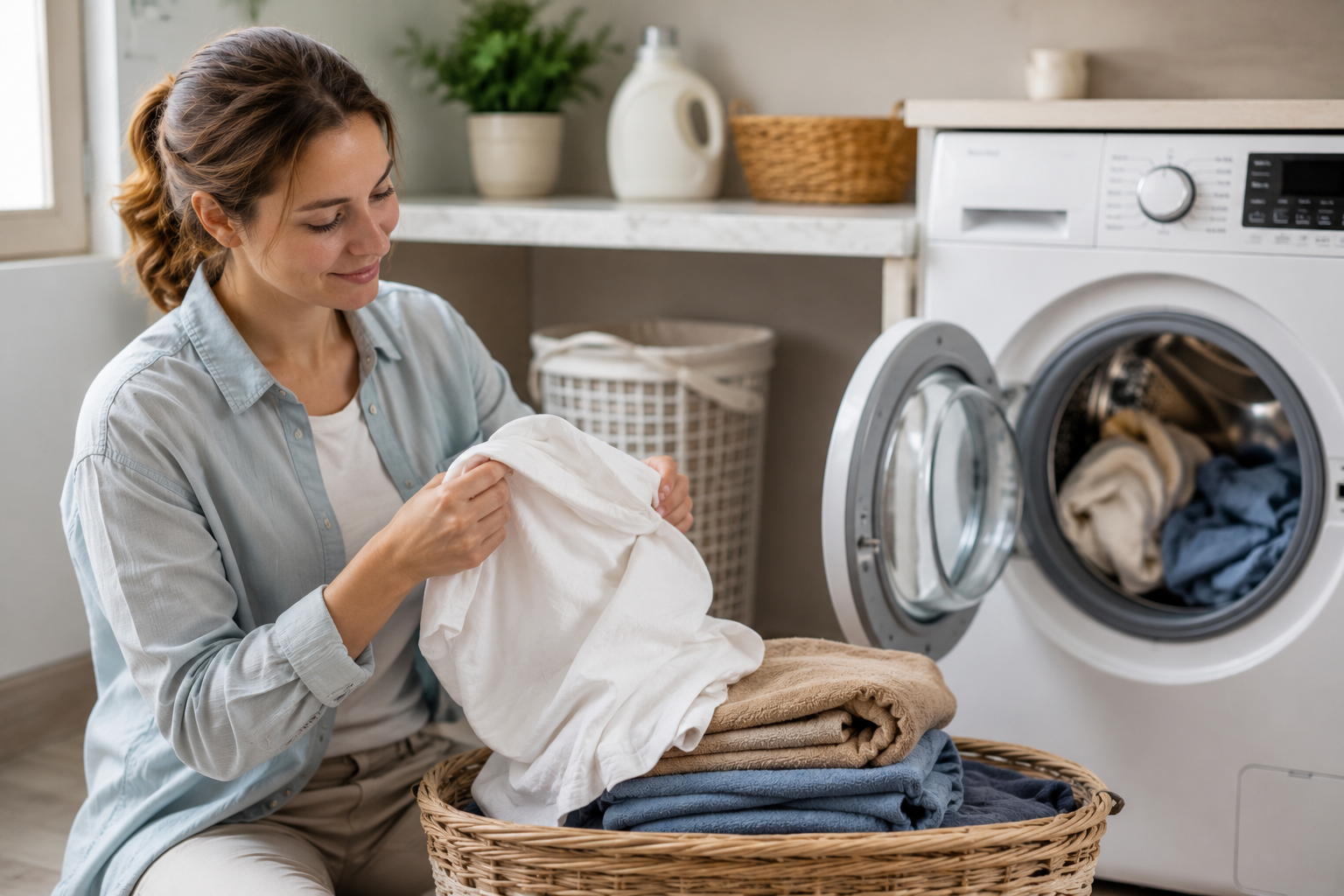 Woman sitting in a laundry room, taking clean clothes from a basket beside an open washing machine with folded laundry and household items in the background.